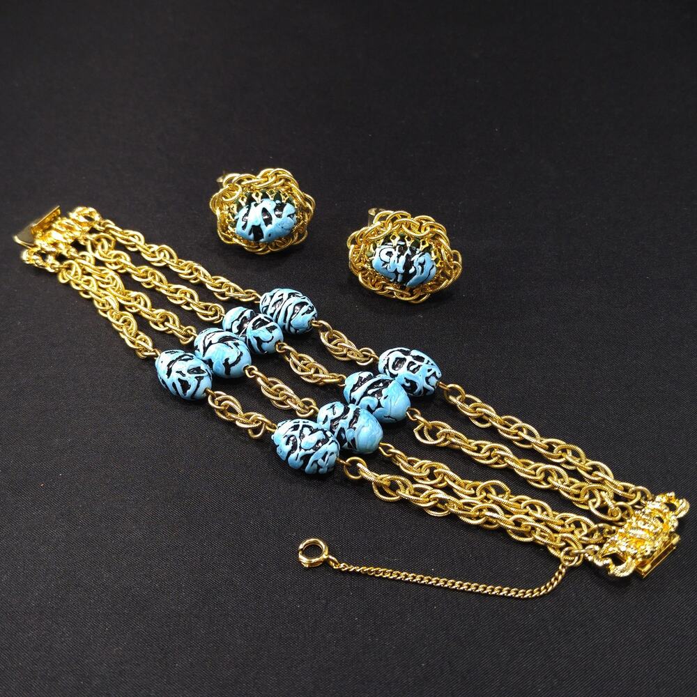 Vintage Hobe Blue Black Art Glass Bead Bracelet Earrings Set Gold Tone